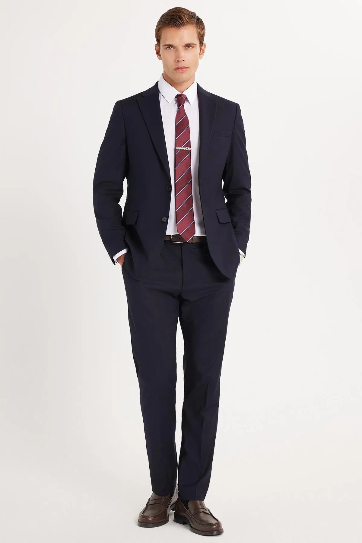 Erkek Slim Fit Mono Yaka Likralı Esnek Kumaş Lacivert Takım Elbise